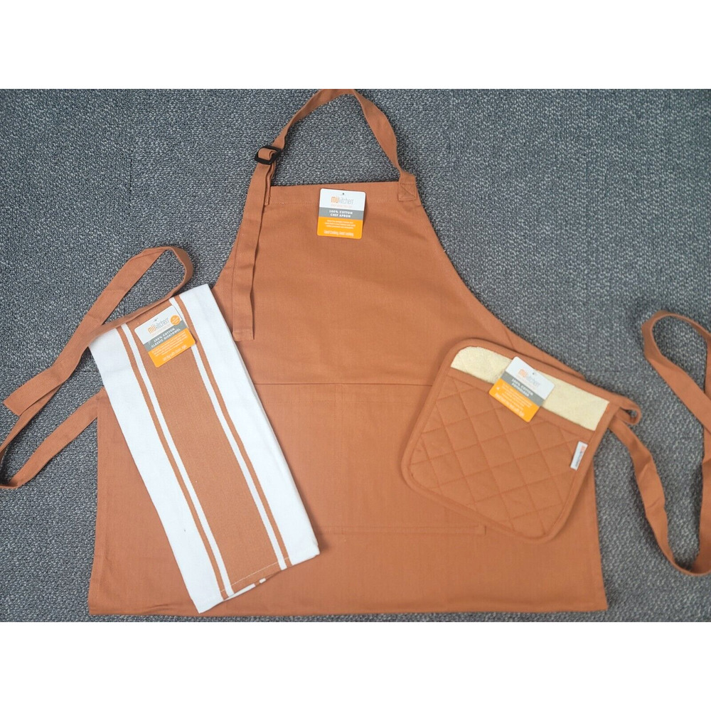 MU Kitchen Cotton Caramel Brown Solid Bib Apron Potholder & Tea Towel Gift Set